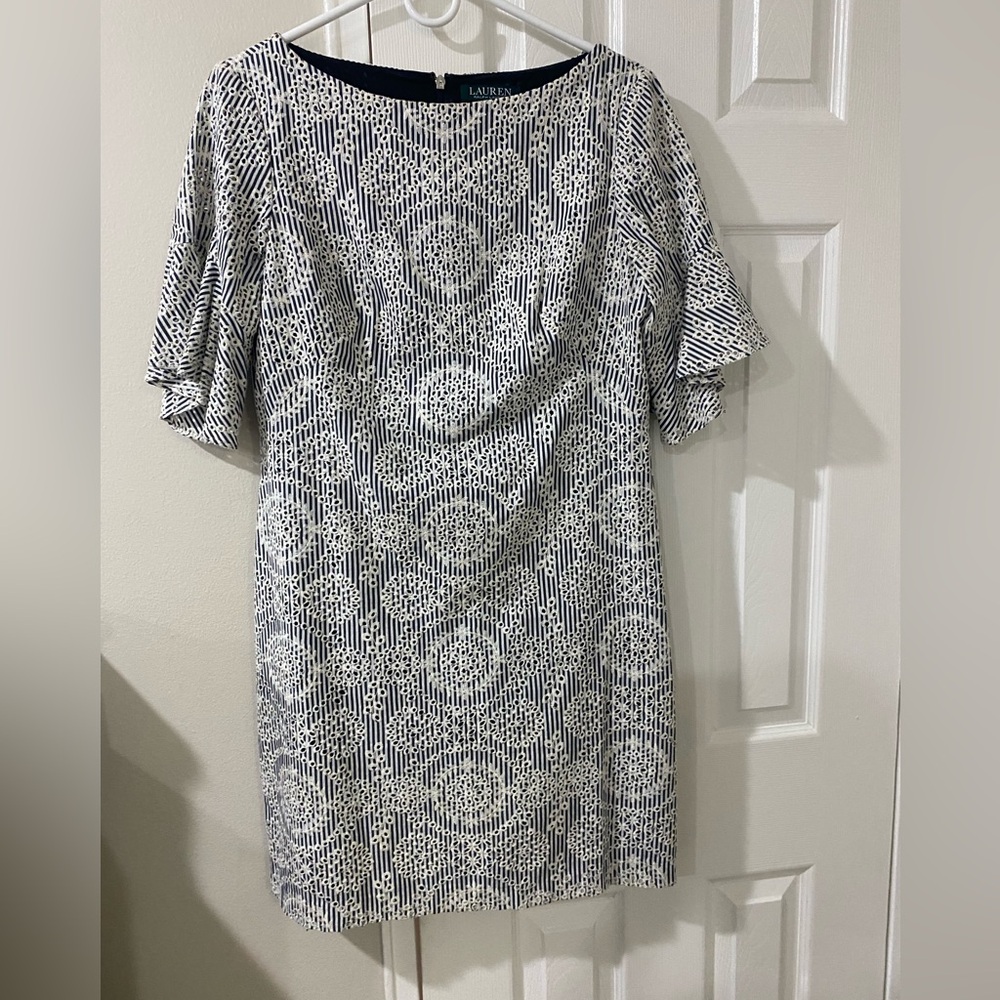 Ralph Lauren Gray and White Sheath Dress with Flutter Sleeves